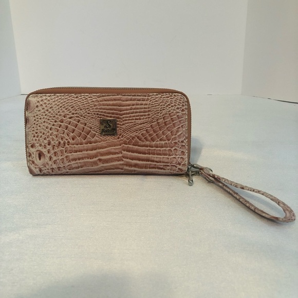 Vintage Suisse Wristlet In  Salmon/Beige Crocodile Print - Picture 14 of 14